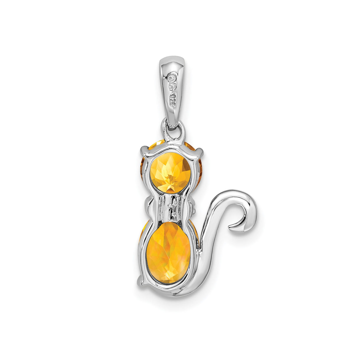 Sterling Silver Cat Pendant with Citrine Gemstones, Cat Silhouette and Sparkling Tail Design