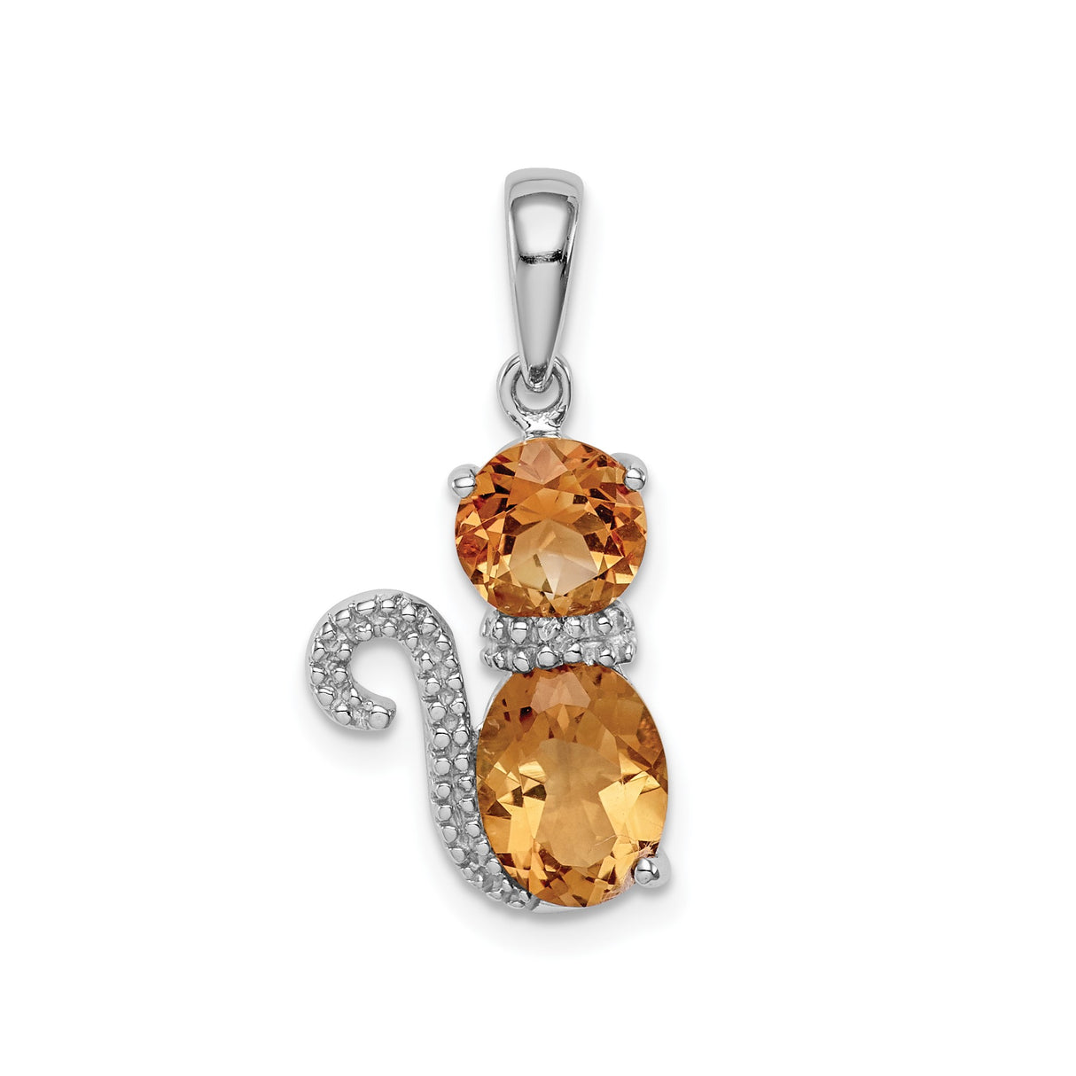 Sterling Silver Cat Pendant with Citrine Gemstones, Cat Silhouette and Sparkling Tail Design