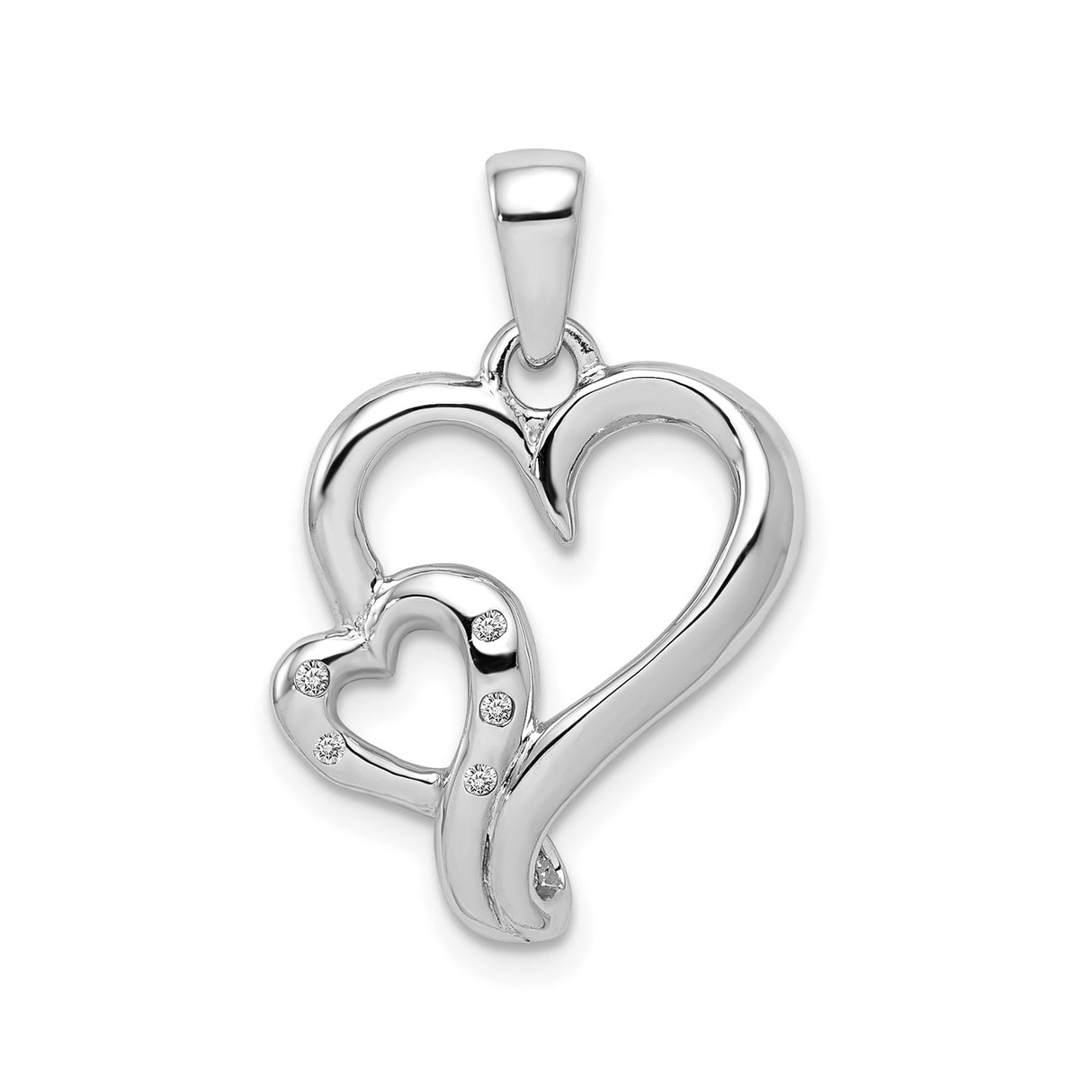 Sterling Silver Heart Pendant with Cubic Zirconia Accents, Double Open Heart Design for Women