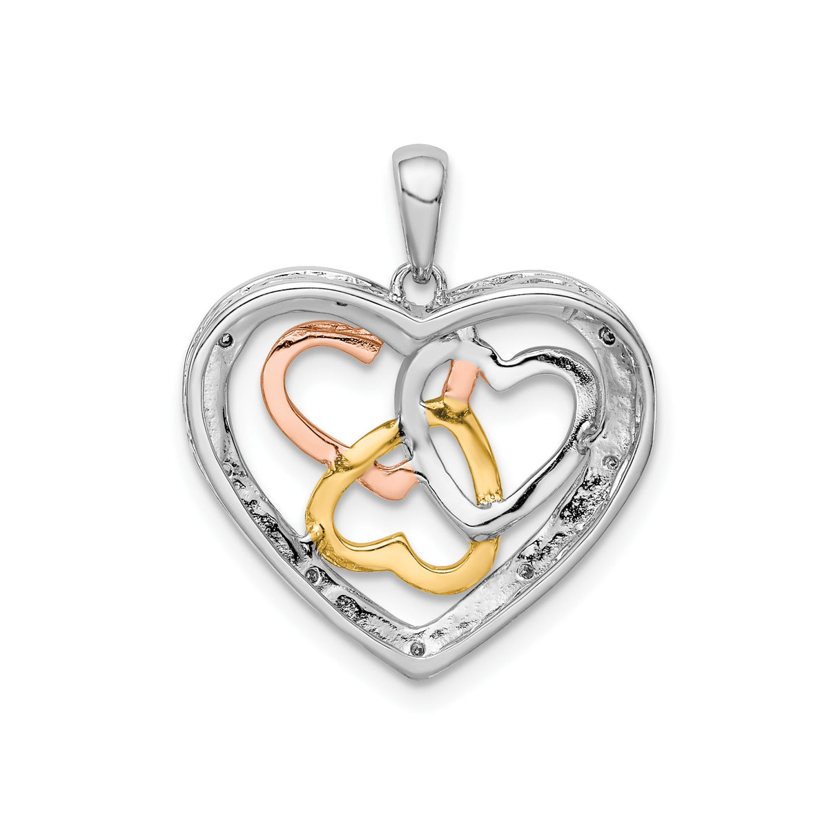 Sterling Silver Heart Pendant with Diamond Accents and Interlocking Tri-Color Hearts for Women