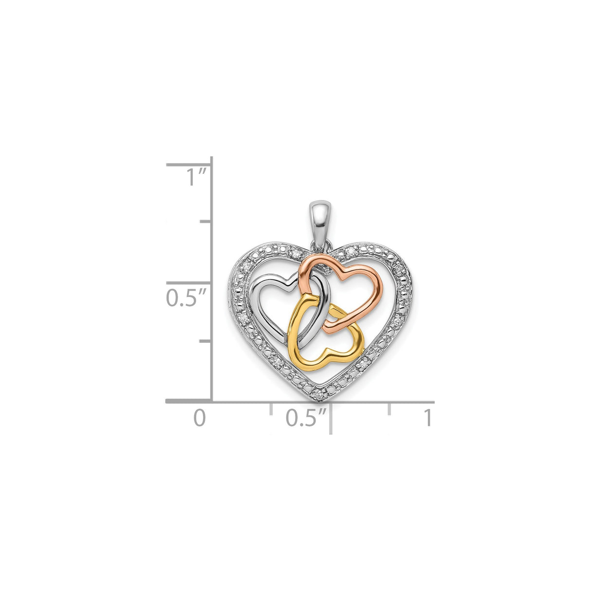 Sterling Silver Heart Pendant with Diamond Accents and Interlocking Tri-Color Hearts for Women