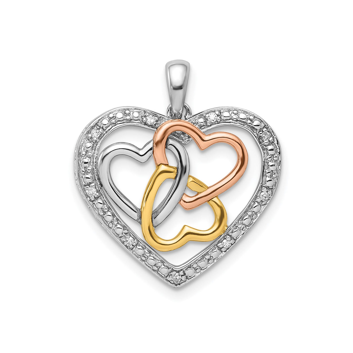 Sterling Silver Heart Pendant with Diamond Accents and Interlocking Tri-Color Hearts for Women