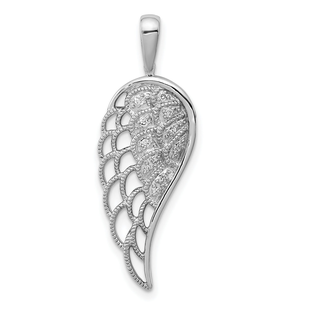 Sterling Silver Angel Wing Pendant with Textured Openwork Design and Diamond Accent for Women
