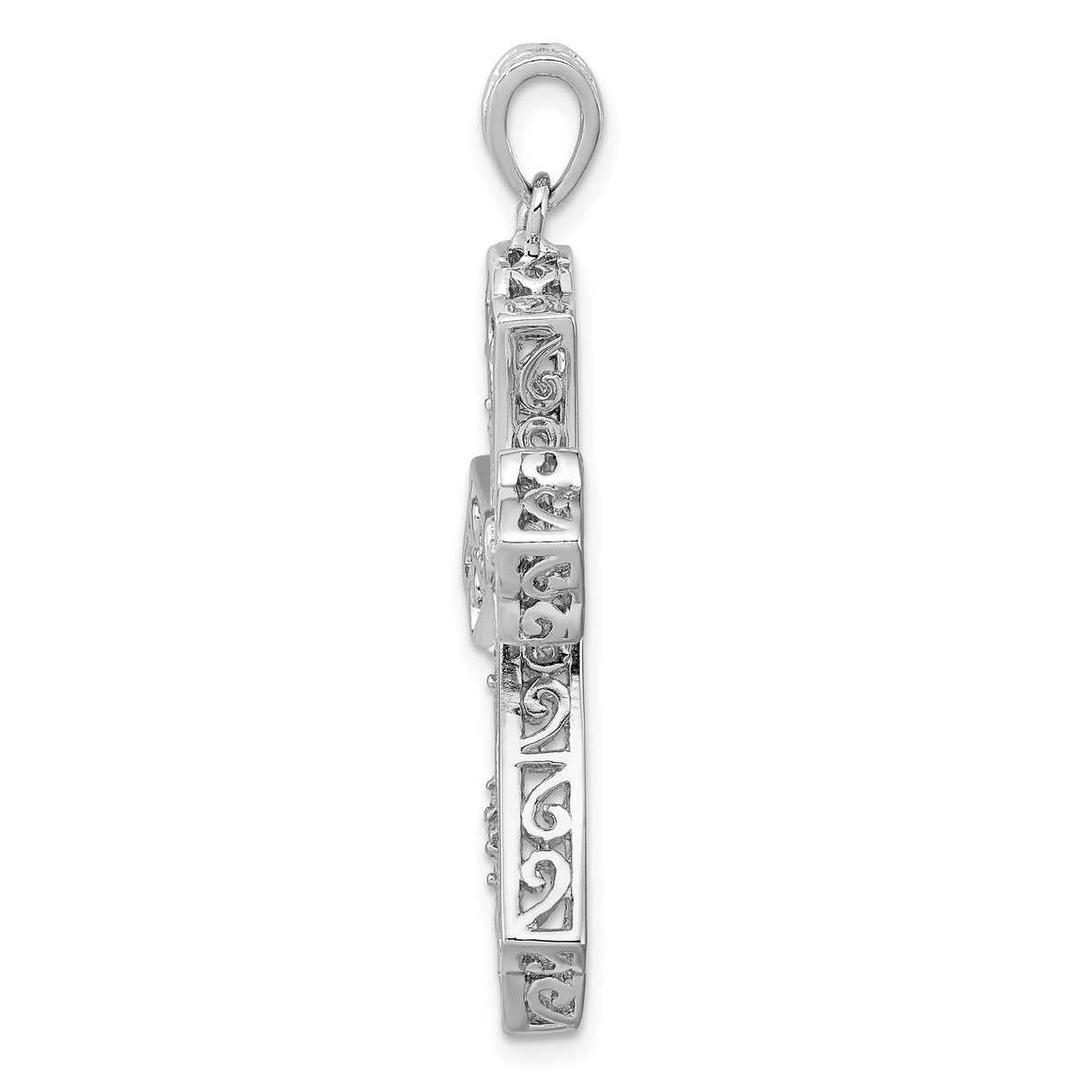 Sterling Silver Cross Pendant with Diamond Inlay and Filigree Lace Design