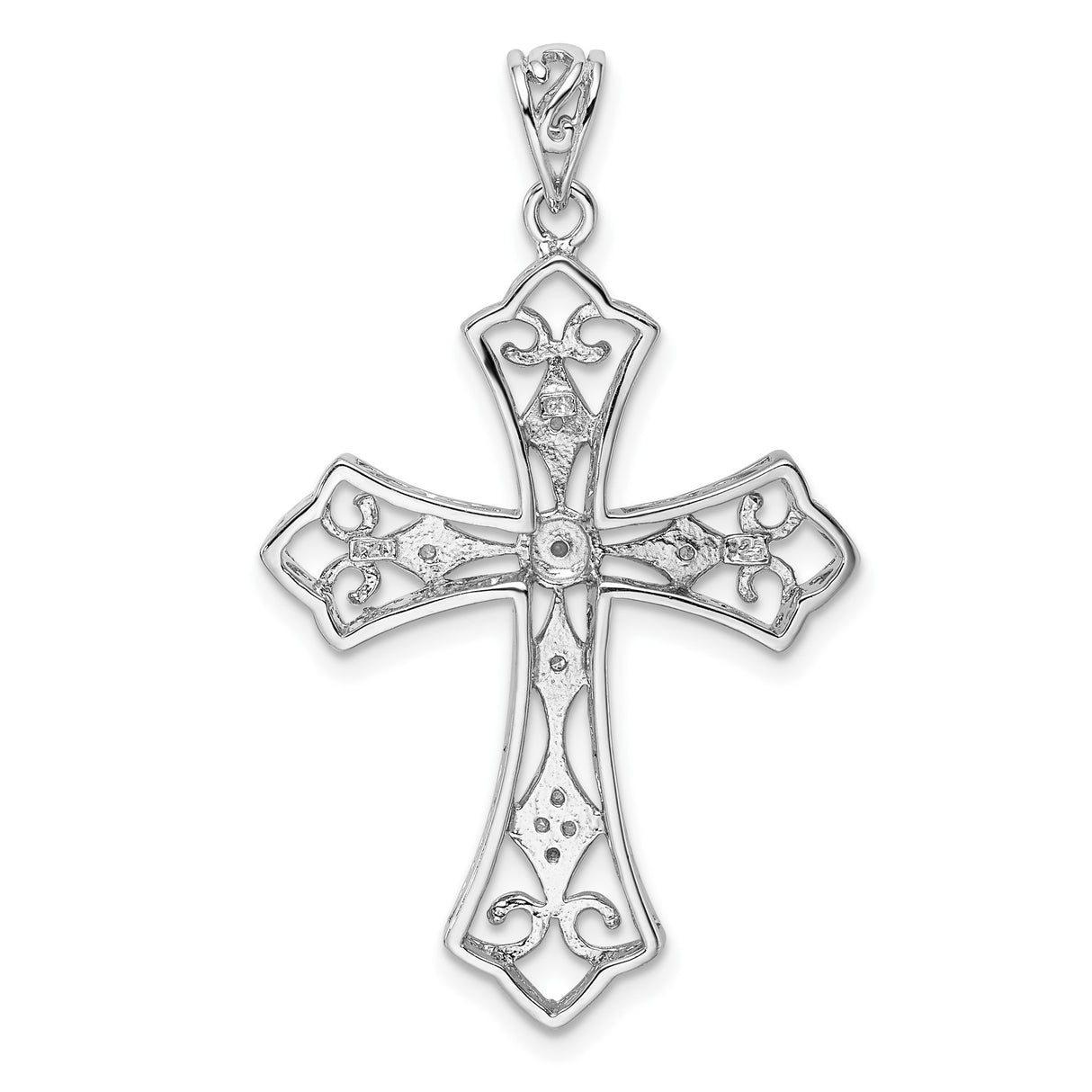 Sterling Silver Cross Pendant with Diamond Inlay and Filigree Lace Design