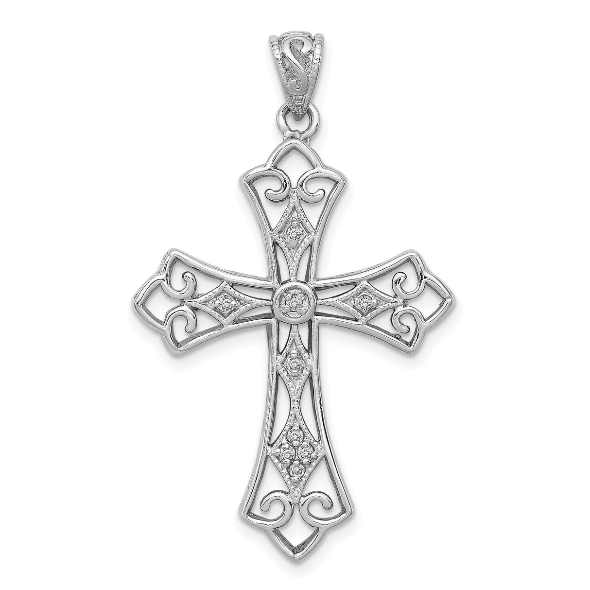 Sterling Silver Cross Pendant with Diamond Inlay and Filigree Lace Design