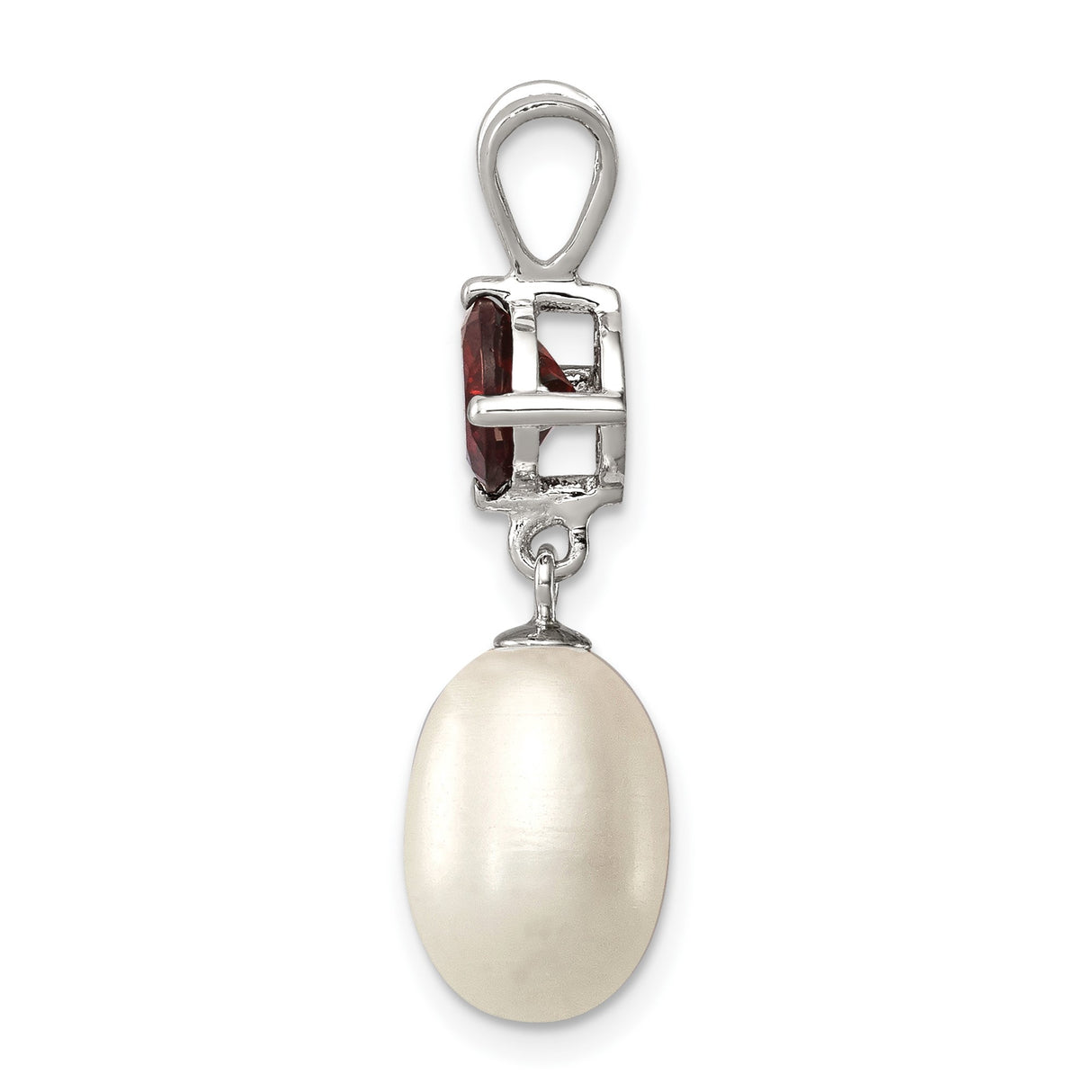 Sterling Silver Pendant with Garnet and Oval Freshwater Pearl Drop, Romantic Teardrop Design