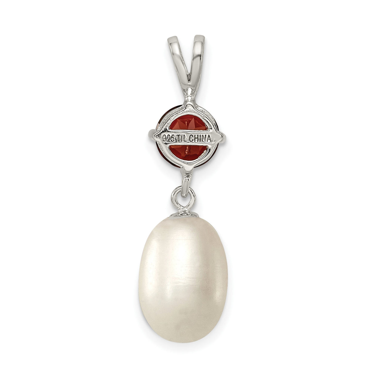Sterling Silver Pendant with Garnet and Oval Freshwater Pearl Drop, Romantic Teardrop Design