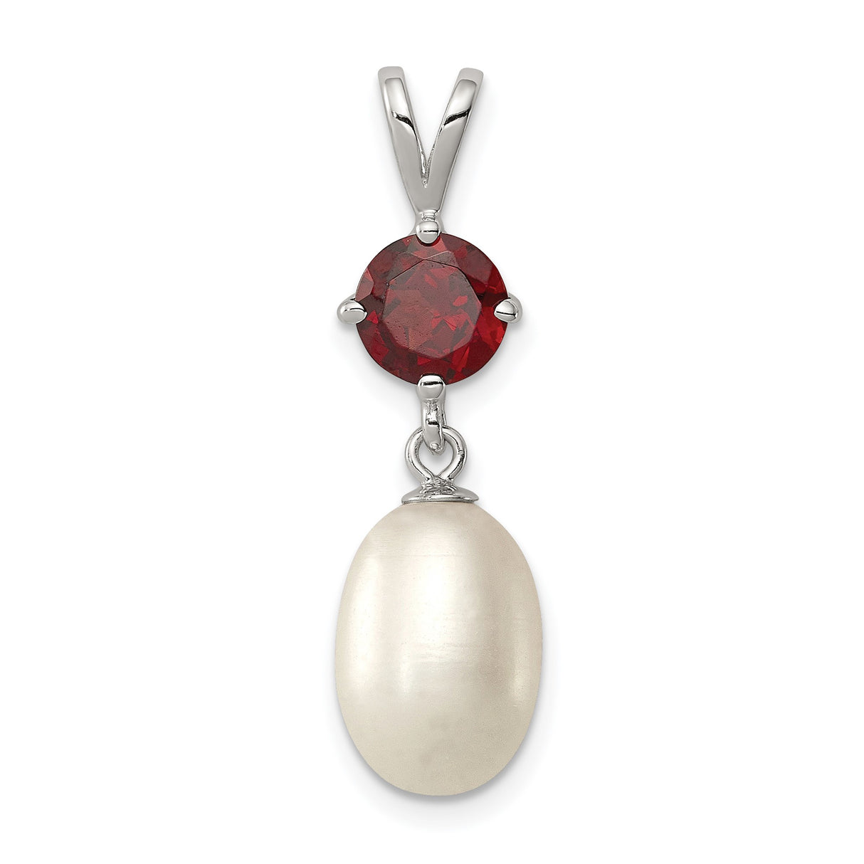 Sterling Silver Pendant with Garnet and Oval Freshwater Pearl Drop, Romantic Teardrop Design