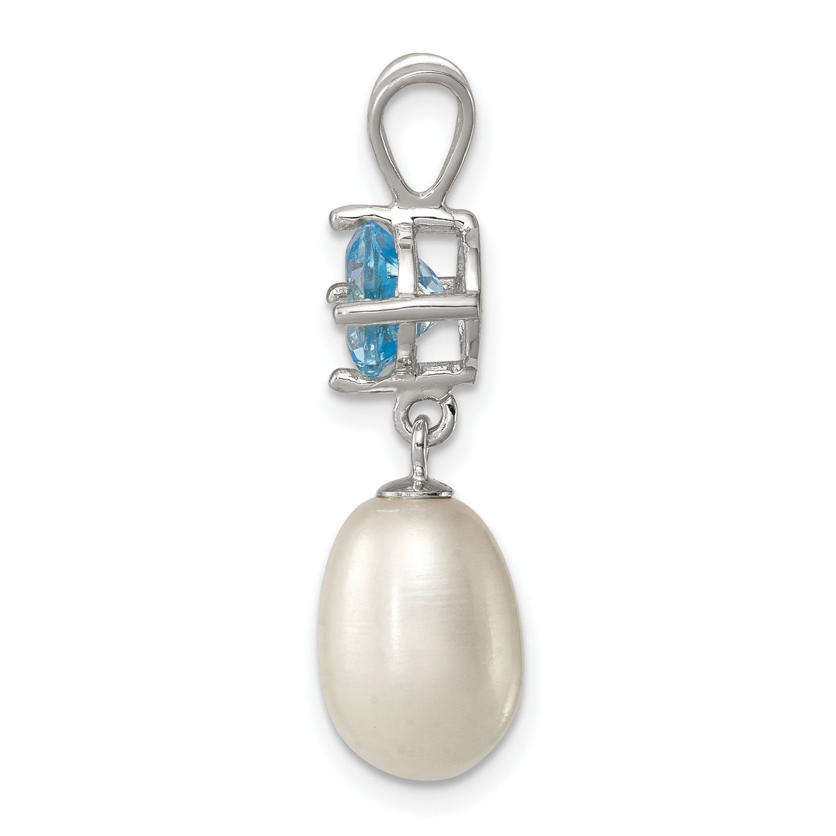 Blue Topaz and 8 9mm Cultured Pearl Teardrop Charm Pendant in Real 925 Sterling Silver