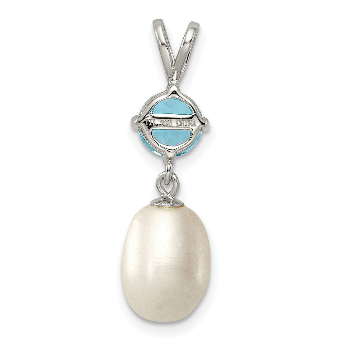 Blue Topaz and 8 9mm Cultured Pearl Teardrop Charm Pendant in Real 925 Sterling Silver