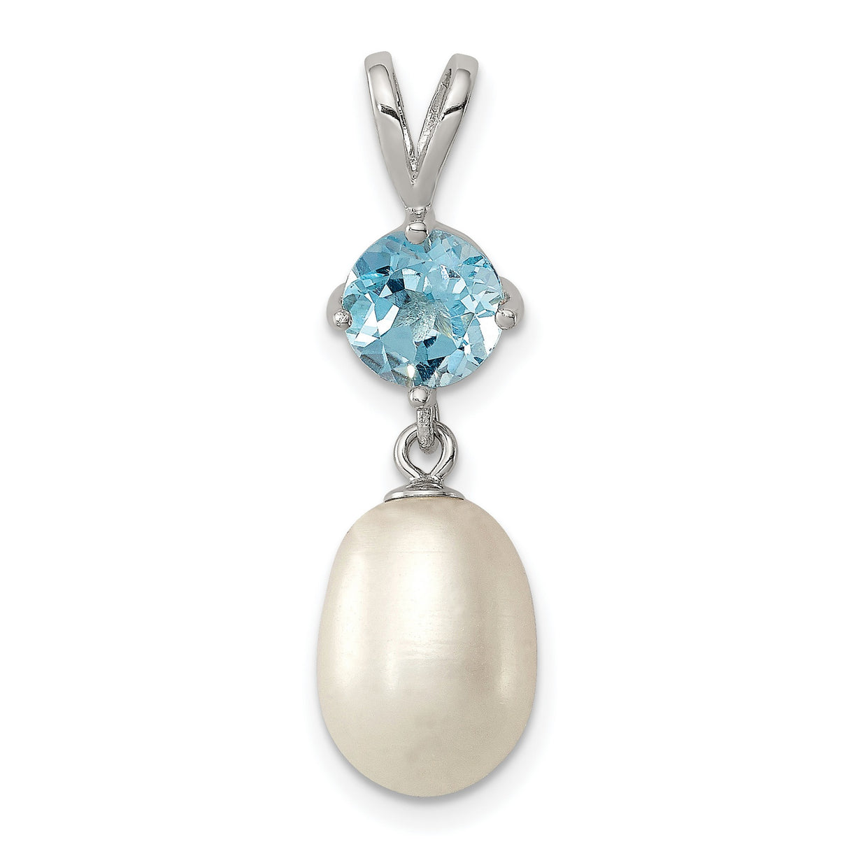 Blue Topaz and 8 9mm Cultured Pearl Teardrop Charm Pendant in Real 925 Sterling Silver