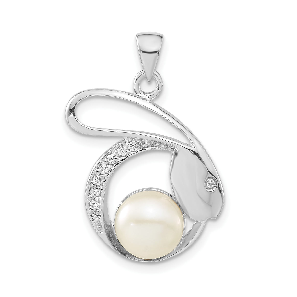 Sterling Silver Bunny Pendant with Pearl and Cubic Zirconia Accents, Rabbit Design Jewelry