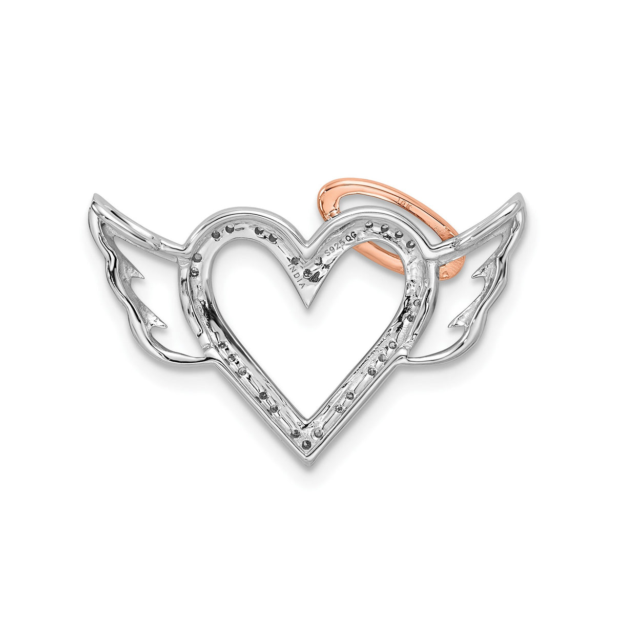 Sterling Silver Heart Pendant with Angel Wings, Rose Gold Halo, Diamond Accents