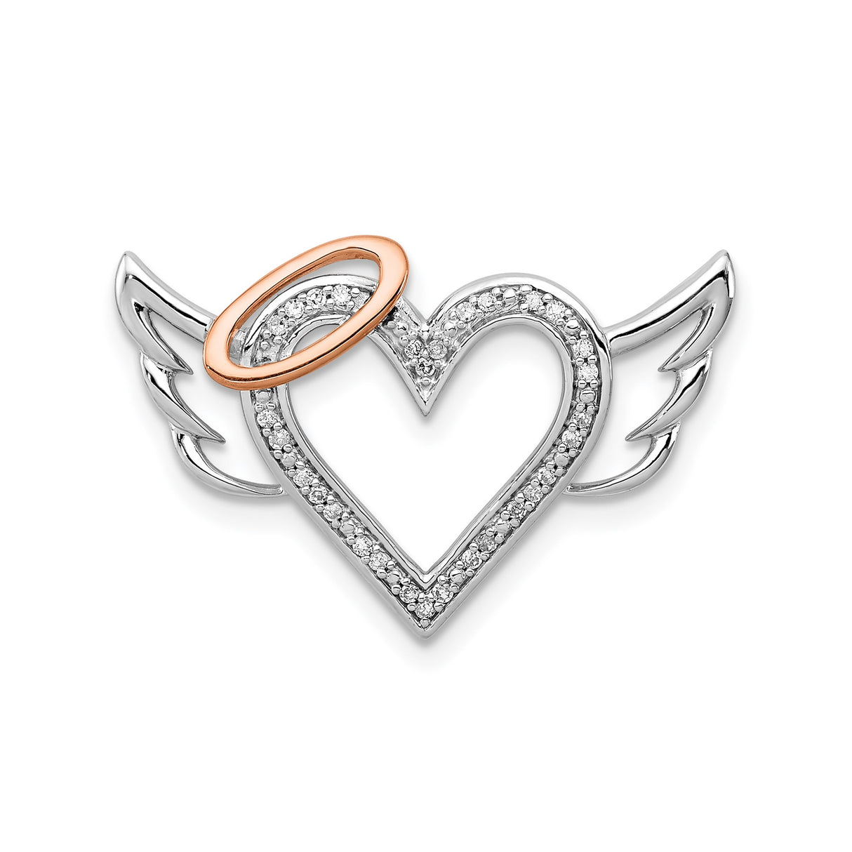 Sterling Silver Heart Pendant with Angel Wings, Rose Gold Halo, Diamond Accents