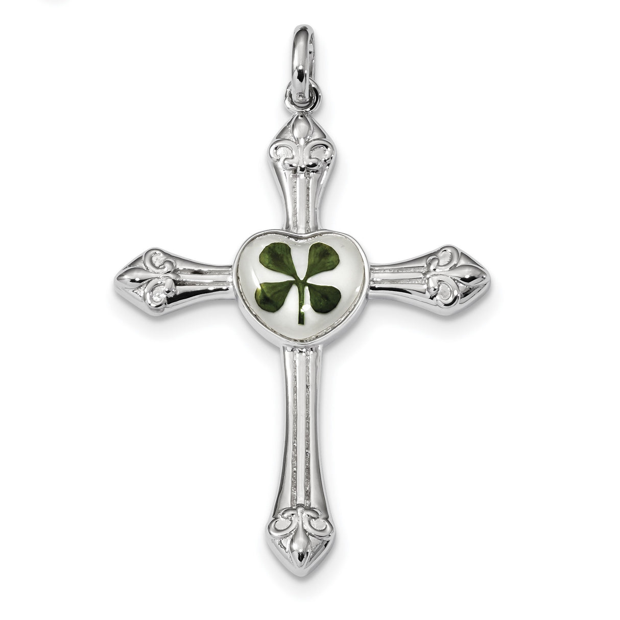 Plat. Plated Real Clover Epoxy and Shell Cross Charm Pendant in Real 925 Sterling Silver