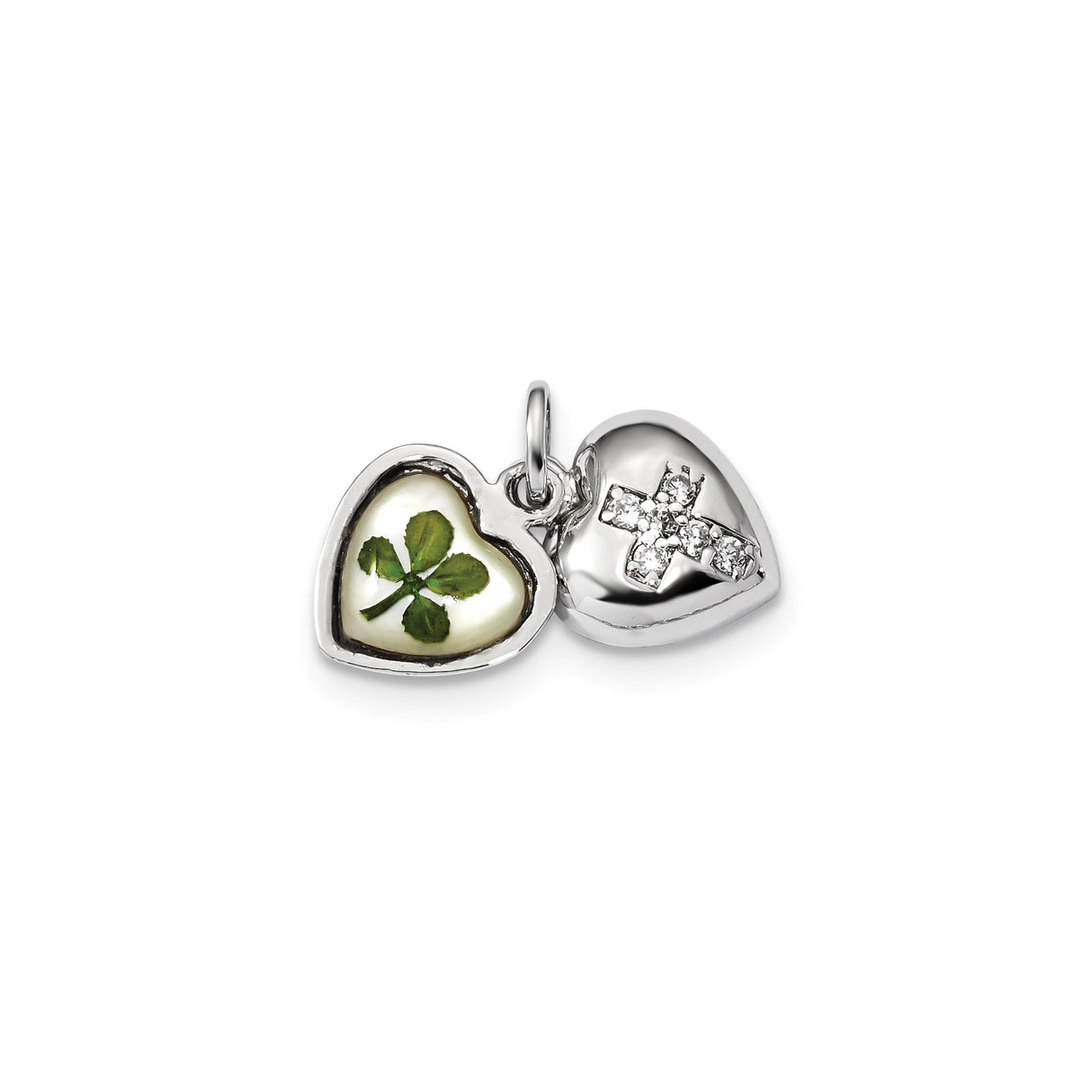Sterling Silver Heart Locket Charm with Cubic Zirconia, Four Leaf Clover and Cross Design