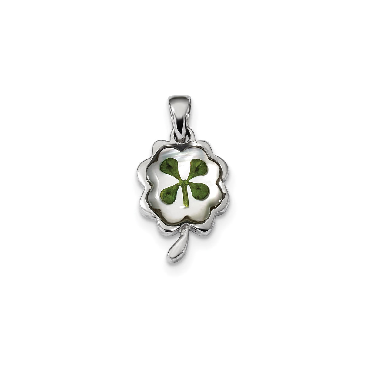 Sterling Silver Pendant with Real Four-Leaf Clover in Clear Resin, Lucky Irish Charm