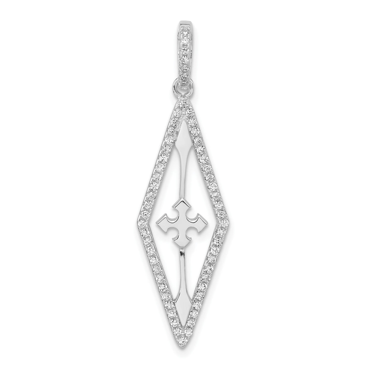 Sterling Silver Cross Pendant with Cubic Zirconia, Elongated Cut-Out Christian Design