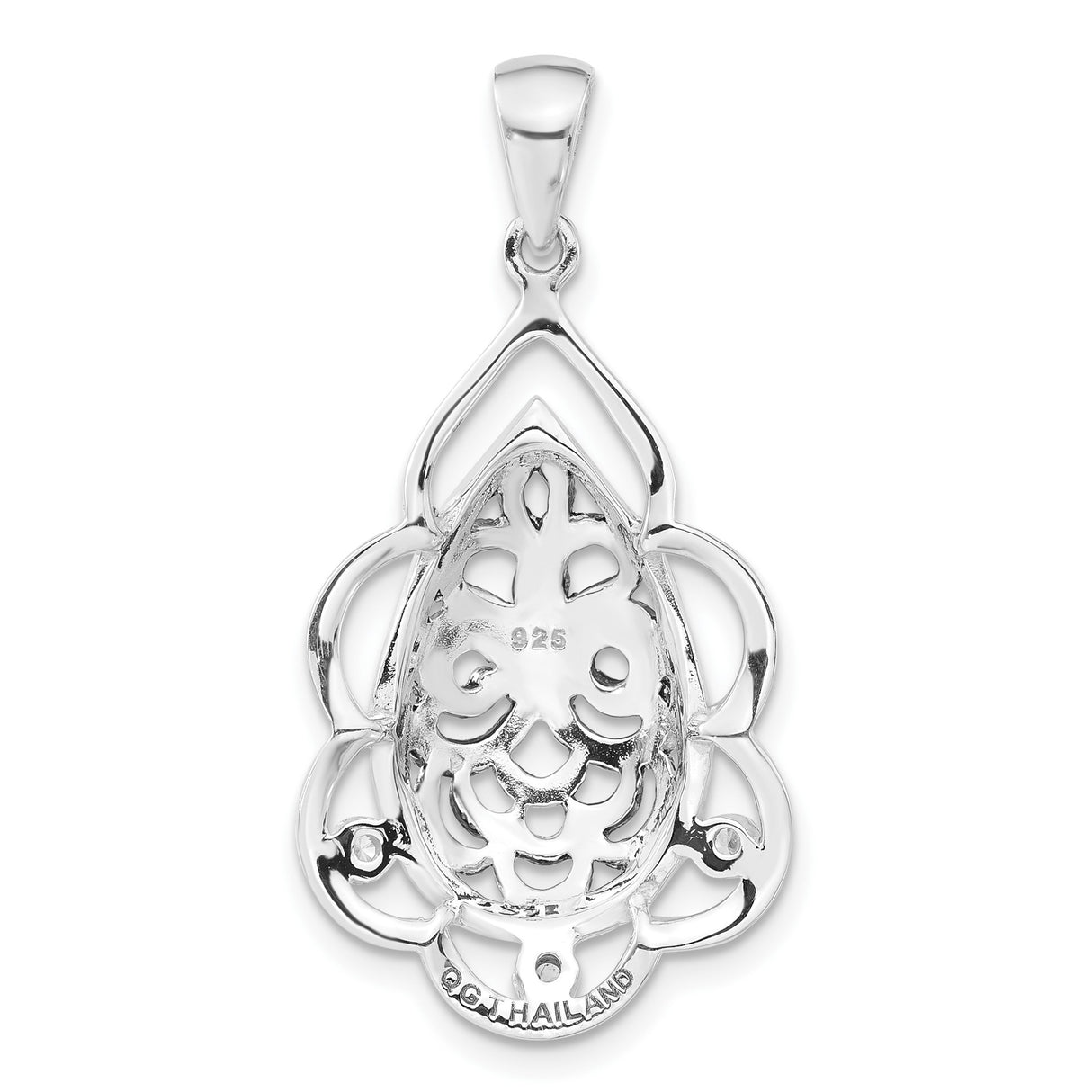 Sterling Silver Teardrop Pendant with Cubic Zirconia, Fleur de Lis and Filigree Design