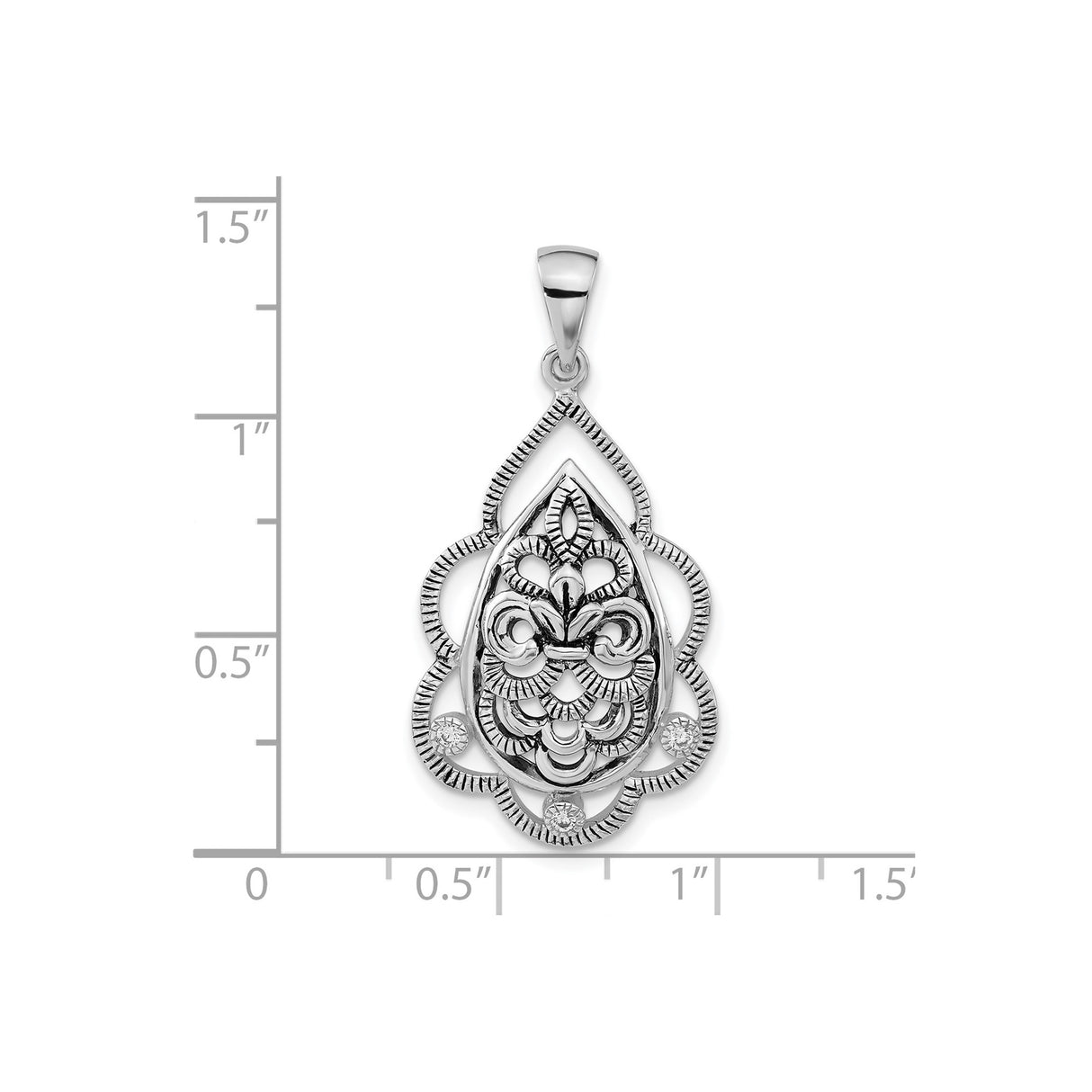 Sterling Silver Teardrop Pendant with Cubic Zirconia, Fleur de Lis and Filigree Design