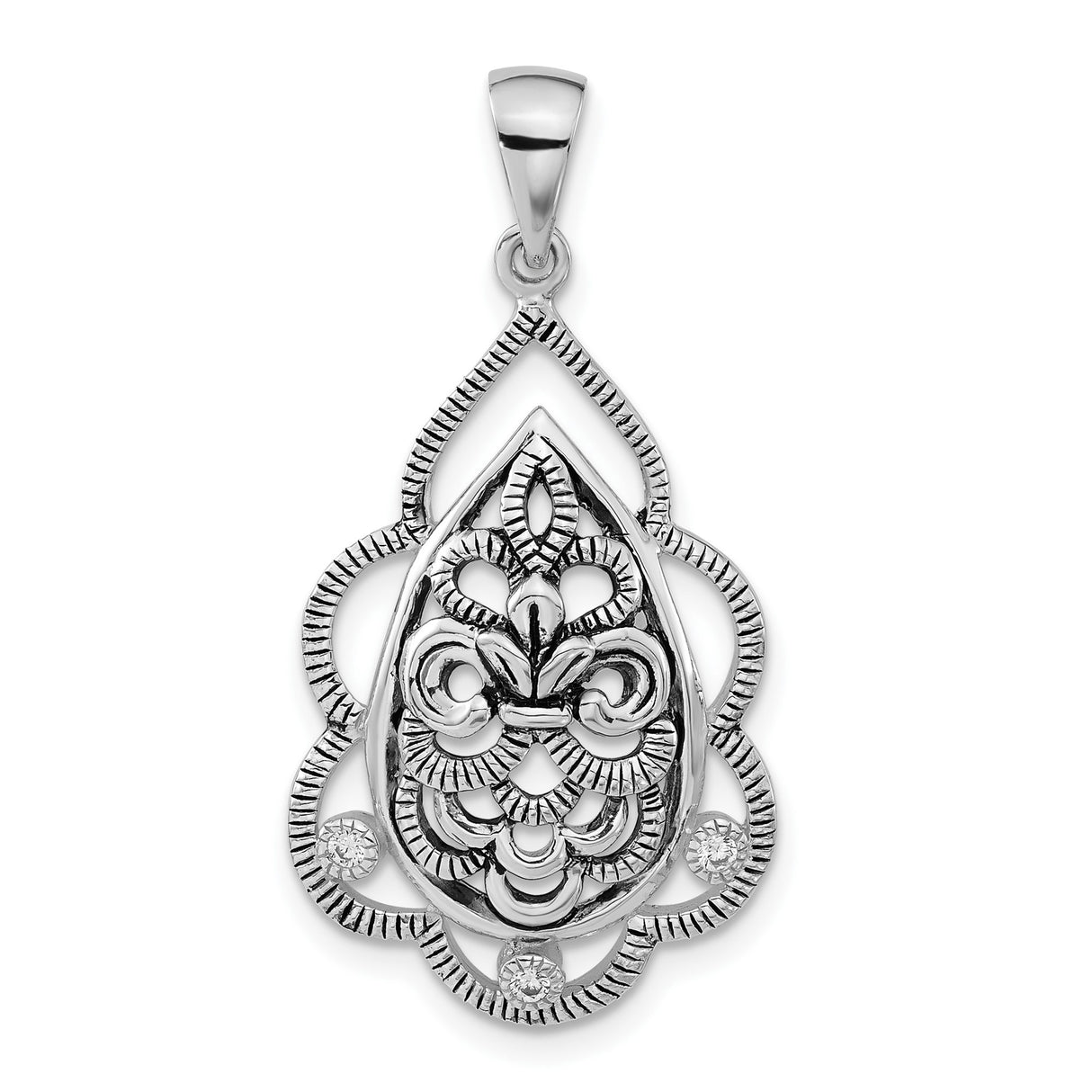 Sterling Silver Teardrop Pendant with Cubic Zirconia, Fleur de Lis and Filigree Design