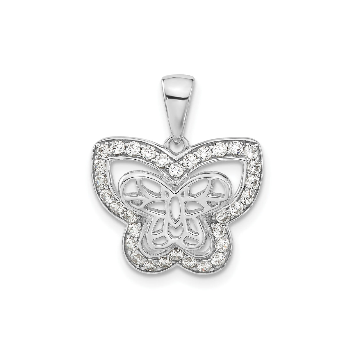 Sterling Silver Butterfly Pendant with Cubic Zirconia Border and Openwork Design