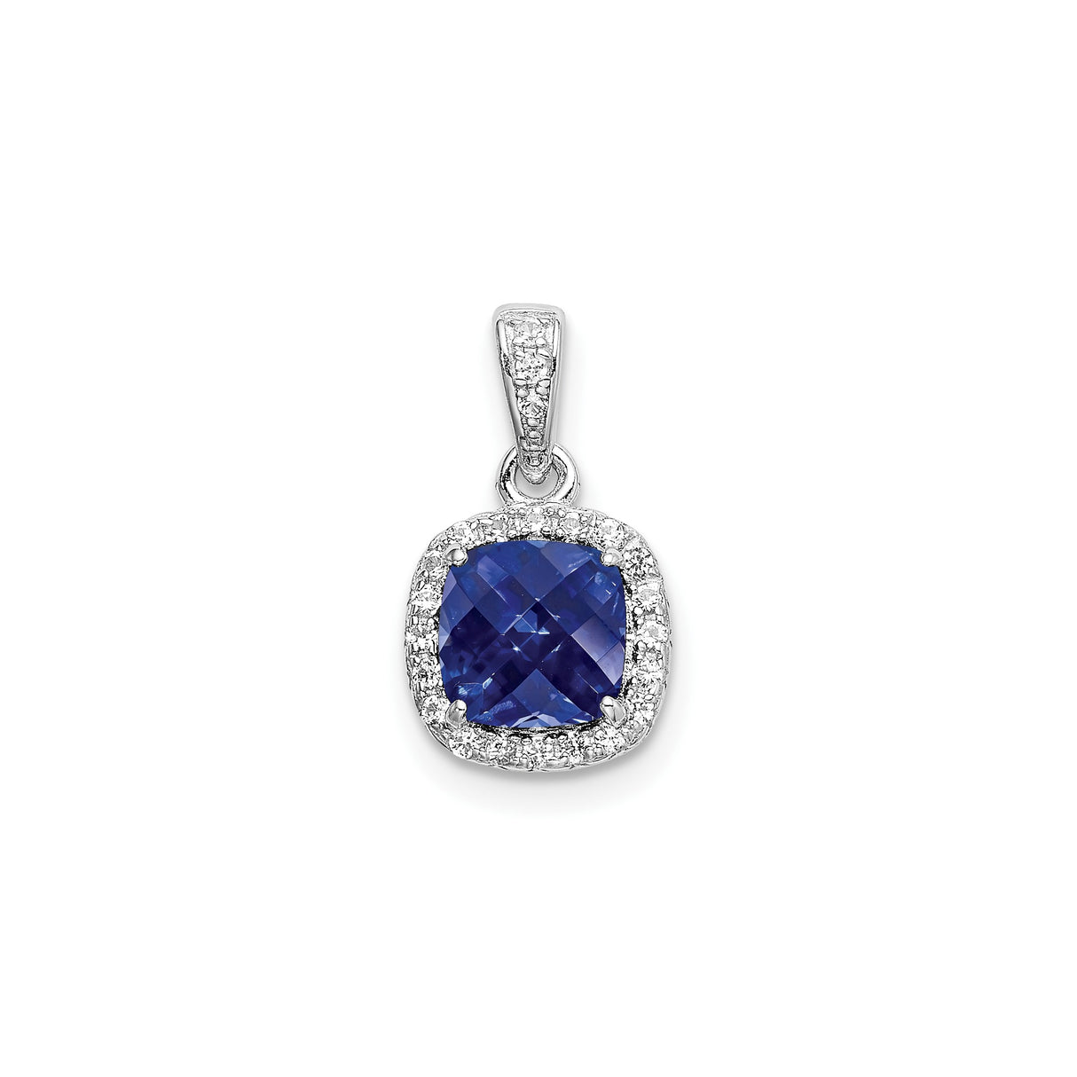 Sterling Silver Pendant with Cushion Cut Lab Created Sapphire and Halo Design