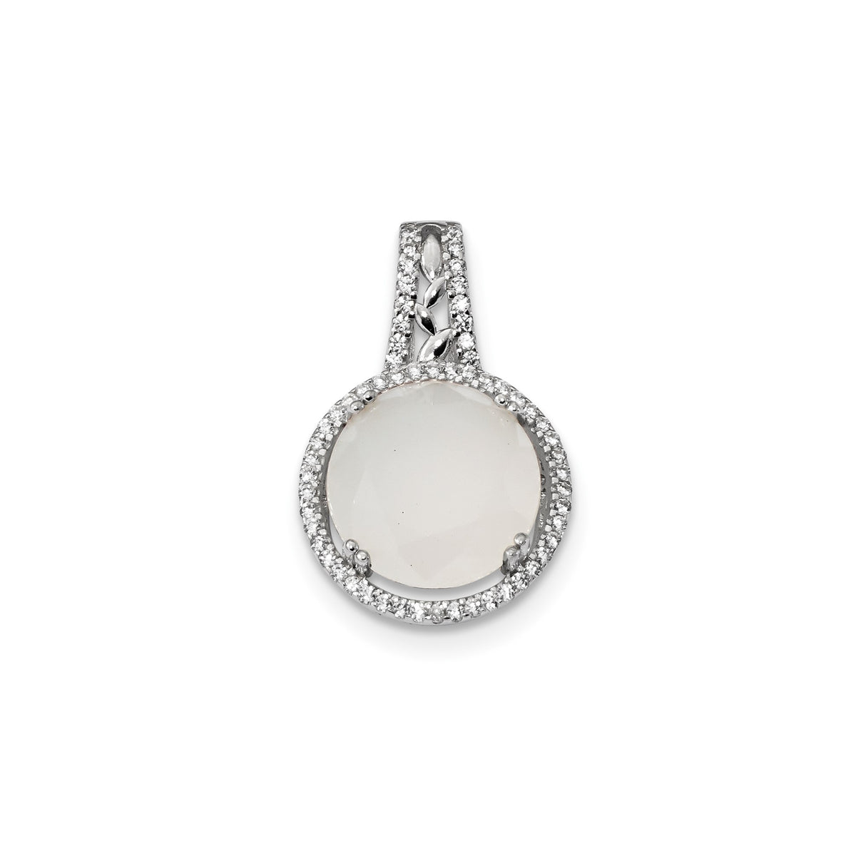 Sterling Silver Pendant with White Gemstone, Cubic Zirconia Halo, Leaf Accent, Faith Symbol