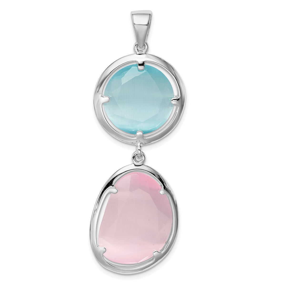 Sterling Silver Pendant with Aqua Blue Round and Light Pink Oval Cats Eye Gemstones
