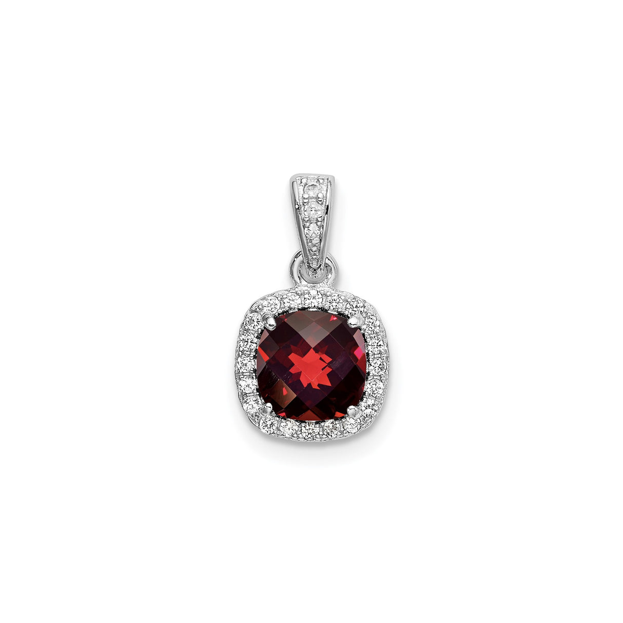 Sterling Silver Pendant with Cushion Cut Garnet and Lab Created Sapphire Halo