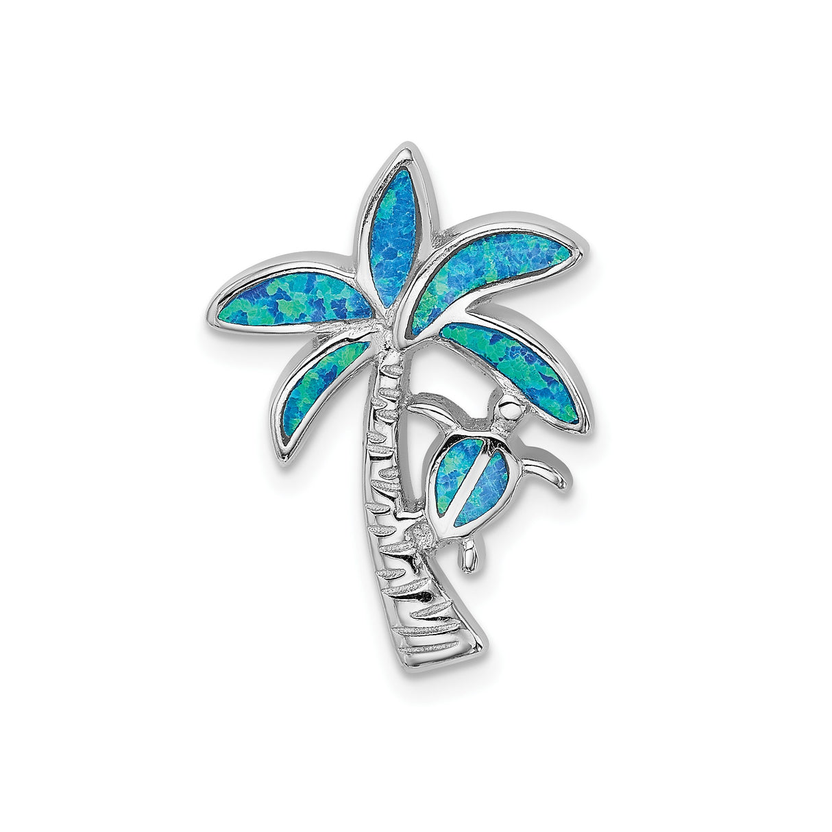 Sterling Silver Pendant with Lab Created Blue Opal, Palm Tree and Sea Turtle Design