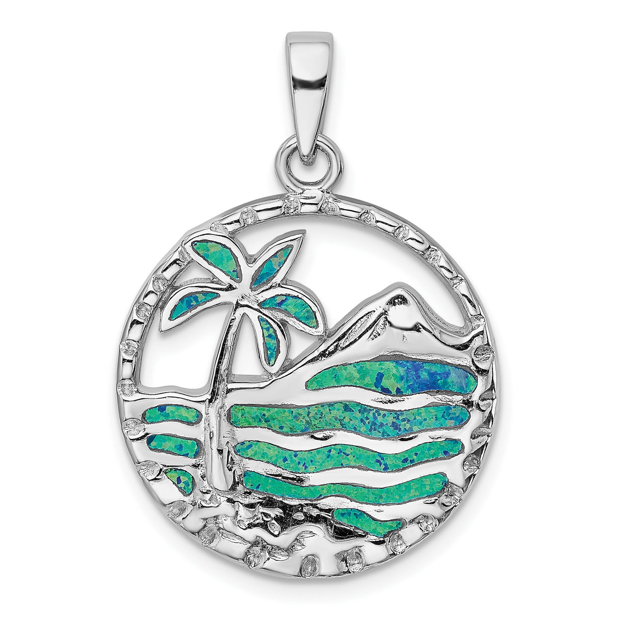 Sterling Silver Pendant with Lab Created Opal, Palm Tree and Ocean Wave Design
