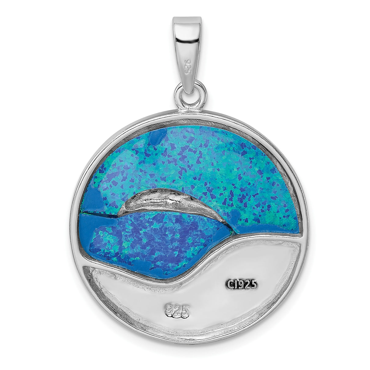 Sterling Silver Dolphin Pendant with Lab Created Blue Opal, Moon and Star Accents