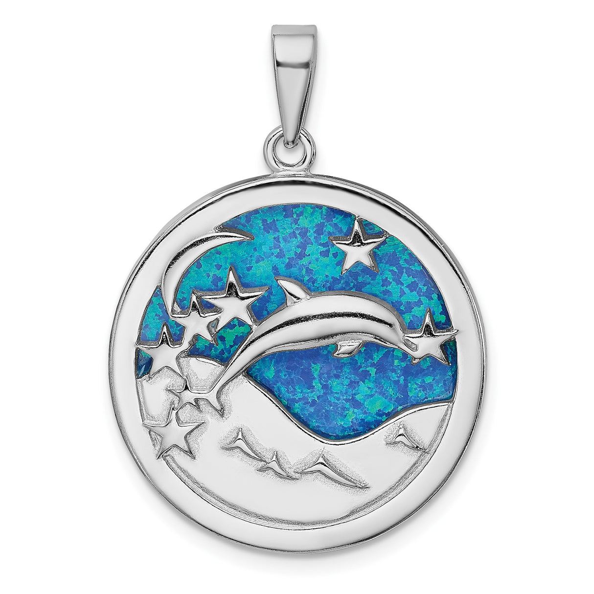 Sterling Silver Dolphin Pendant with Lab Created Blue Opal, Moon and Star Accents