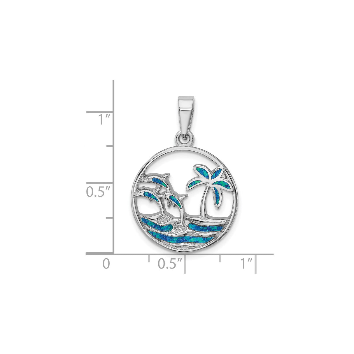 Sterling Silver Dolphin Pendant with Lab Created Blue Opal, Palm Tree and Wave Design