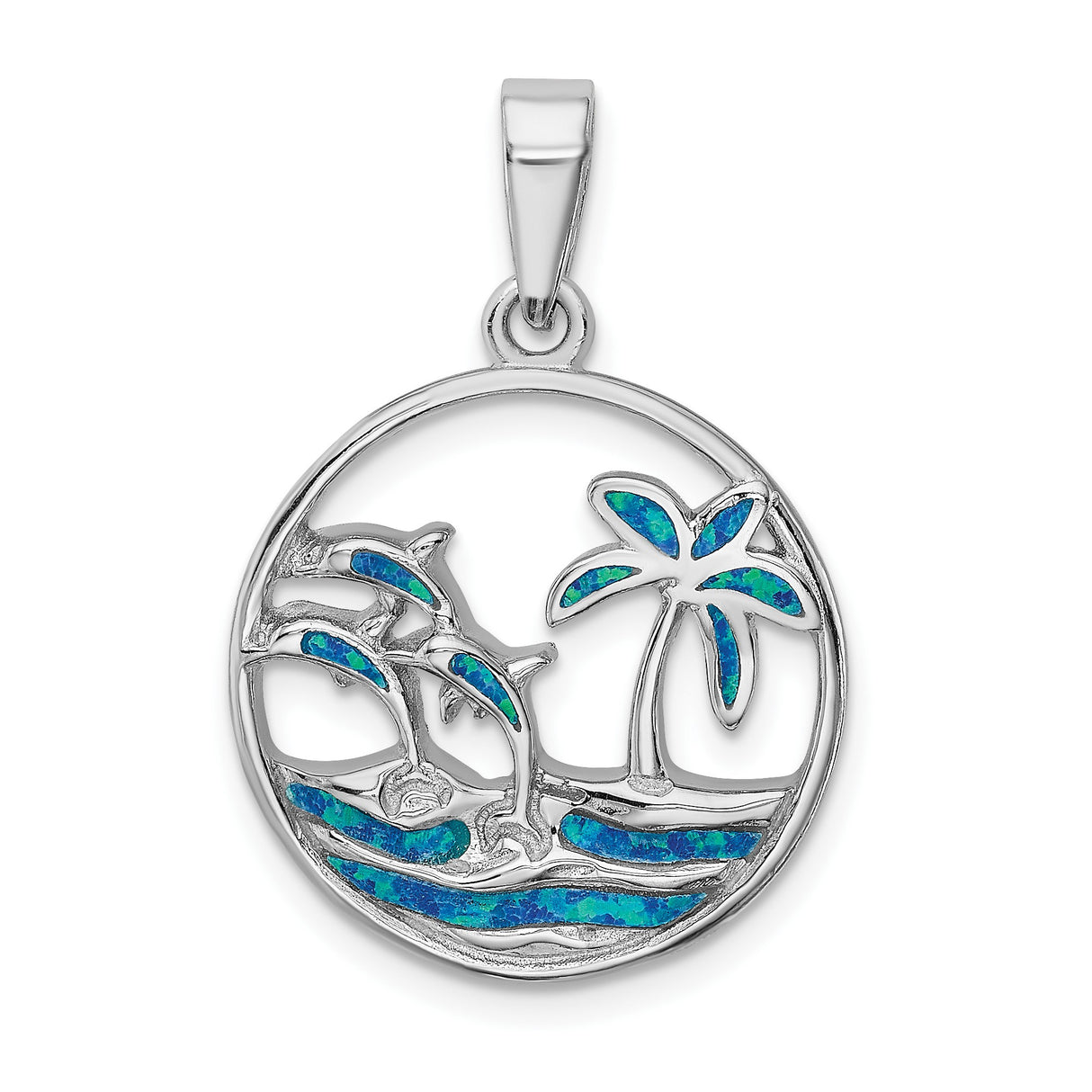 Sterling Silver Dolphin Pendant with Lab Created Blue Opal, Palm Tree and Wave Design