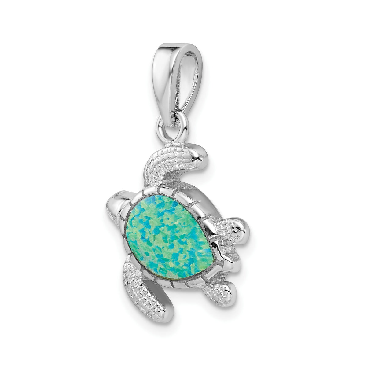 Sterling Silver Turtle Pendant with Green Blue Lab Created Opal Inlay , Ocean Theme