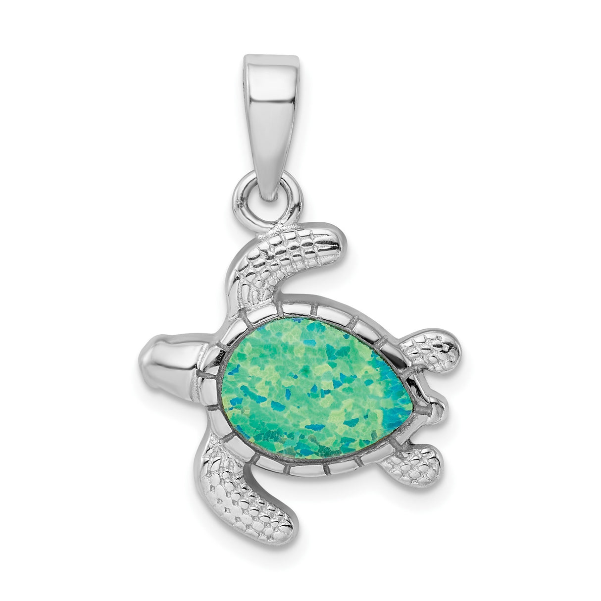 Sterling Silver Turtle Pendant with Green Blue Lab Created Opal Inlay , Ocean Theme