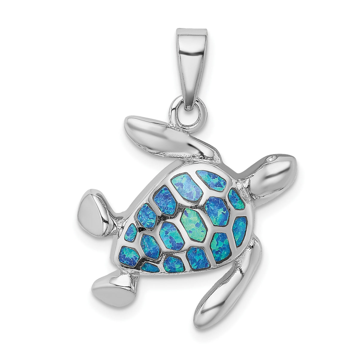Sterling Silver Turtle Pendant with Lab Created Blue Opal Inlay, Nautical Ocean Theme