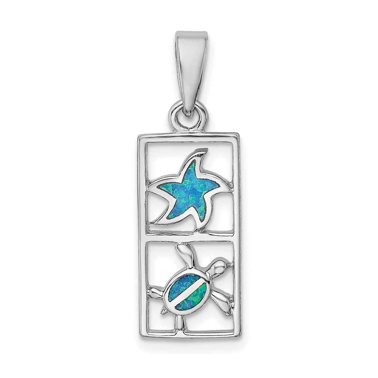 Sterling Silver Pendant with Lab Created Blue Opal Starfish and Turtle Design