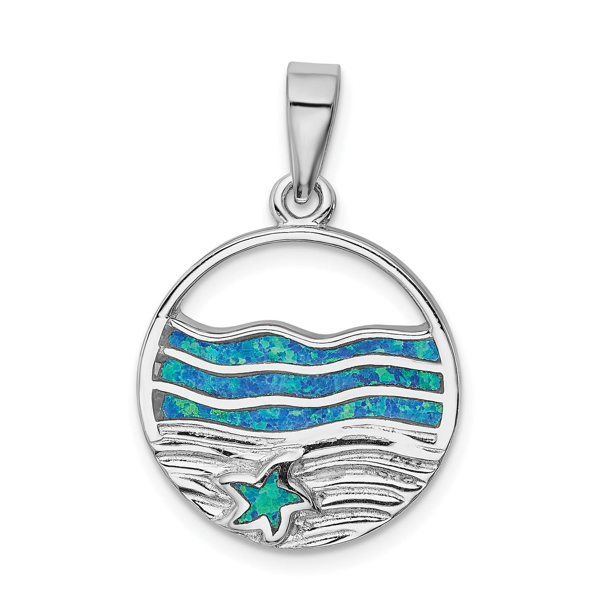 Sterling Silver Ocean Pendant with Blue Lab Created Opal, Wave and Starfish Design