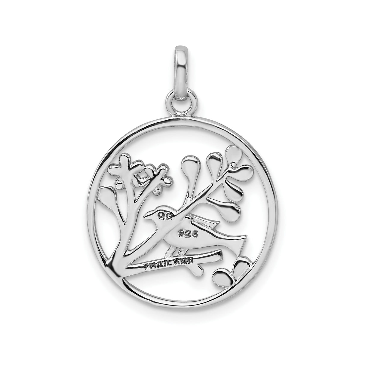 Sterling Silver Pendant with Bird on Branch, Blooming Flowers and Leaves Design