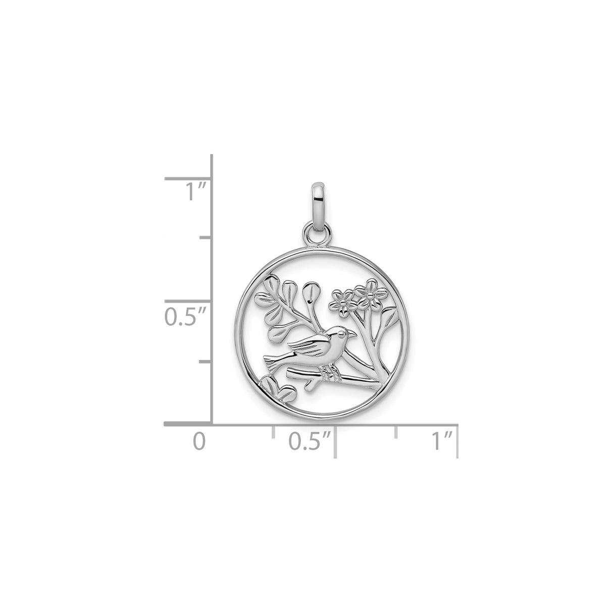 Sterling Silver Pendant with Bird on Branch, Blooming Flowers and Leaves Design