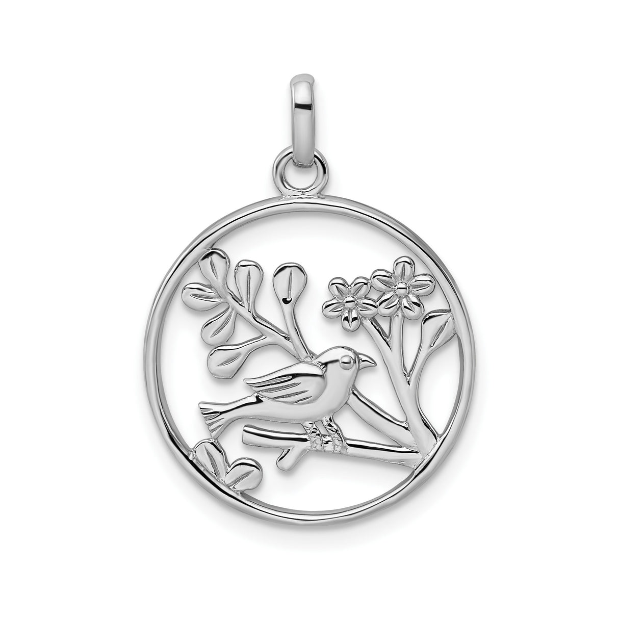 Sterling Silver Pendant with Bird on Branch, Blooming Flowers and Leaves Design