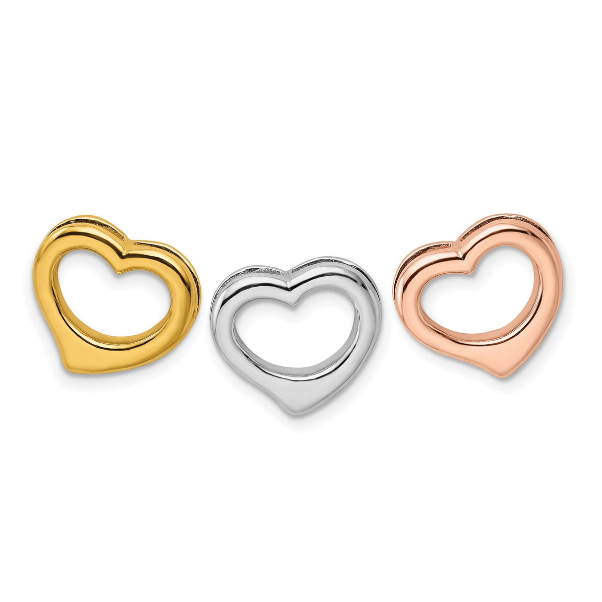 Sterling Silver Set of Three Open Heart Pendant Charms in Yellow, White, and Rose Gold Tones