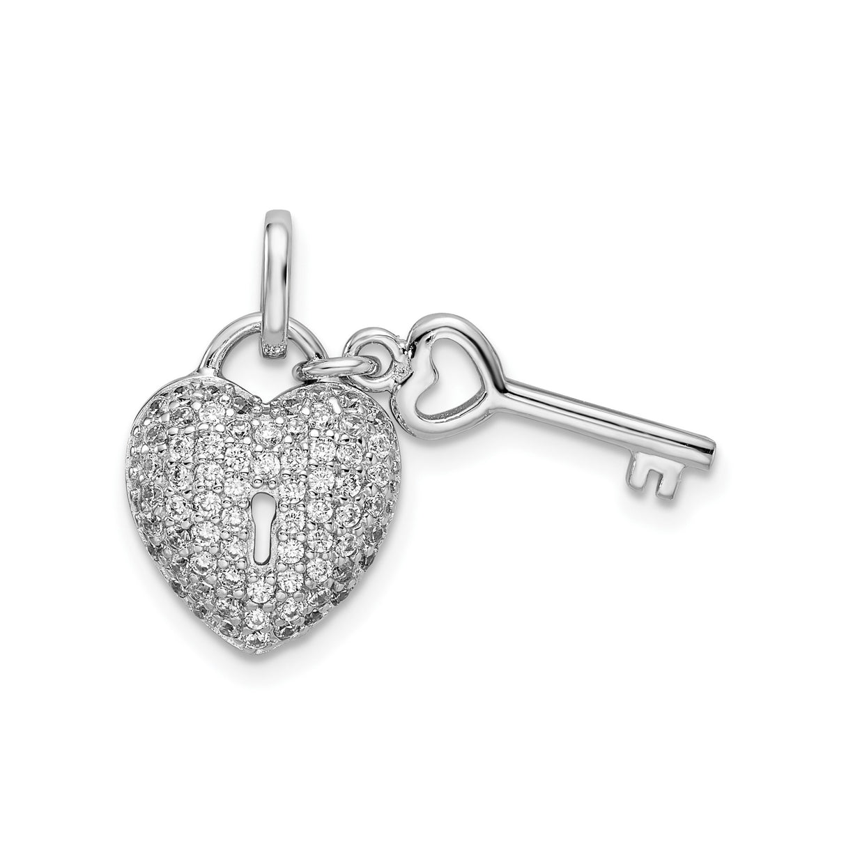 Sterling Silver Pendant with Cubic Zirconia Heart Lock and Open Heart Key Charm