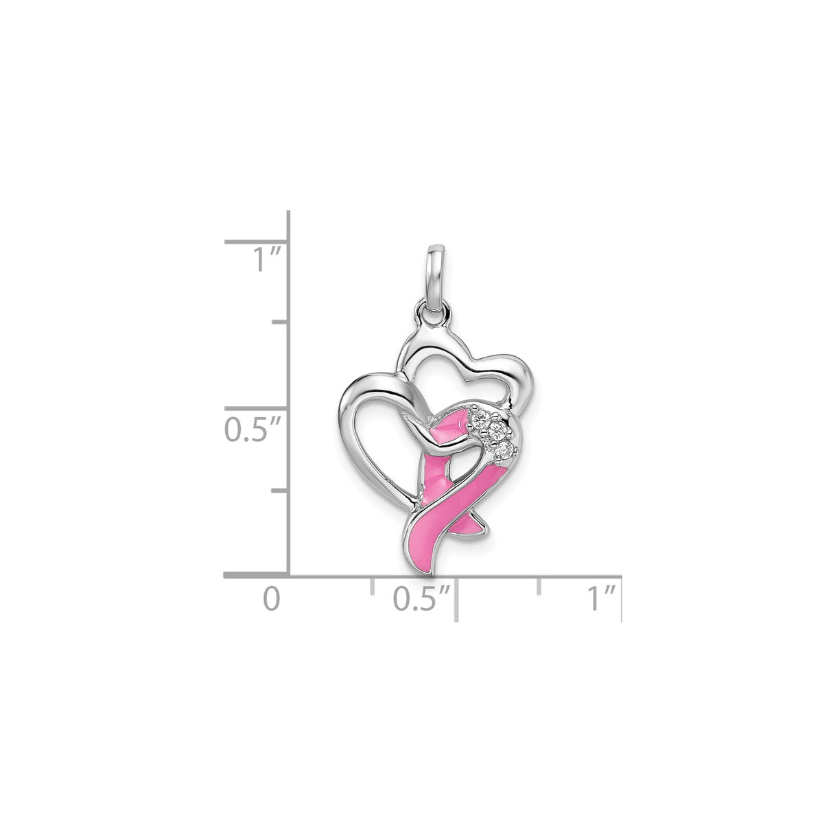 Sterling Silver Open Heart Pendant with Pink Enamel Ribbon and Cubic Zirconia