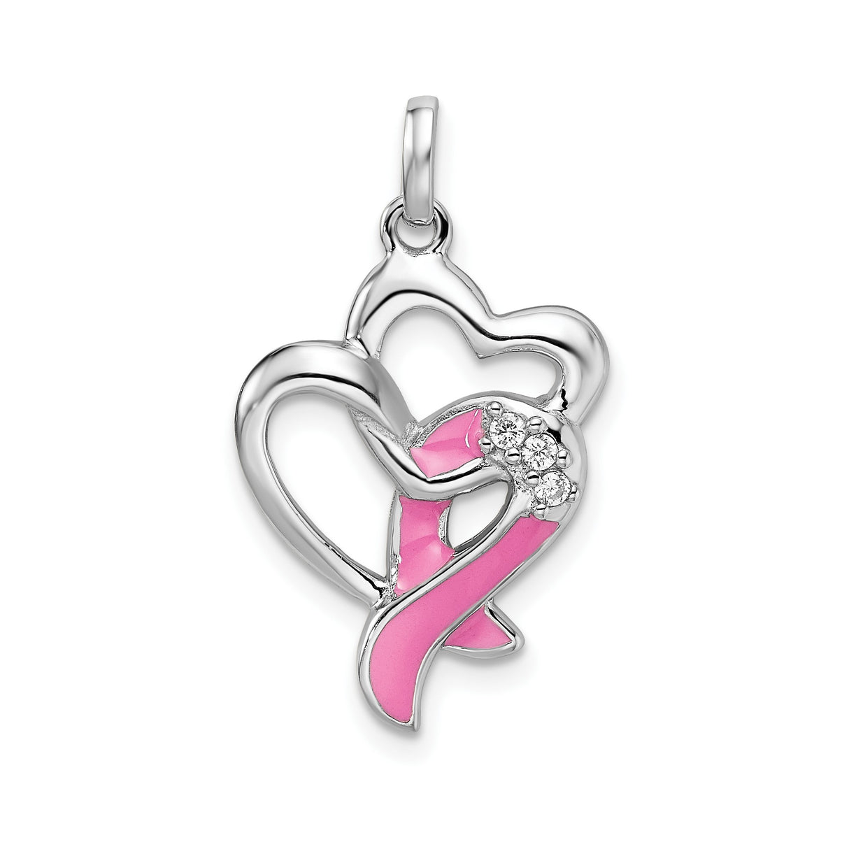 Sterling Silver Open Heart Pendant with Pink Enamel Ribbon and Cubic Zirconia