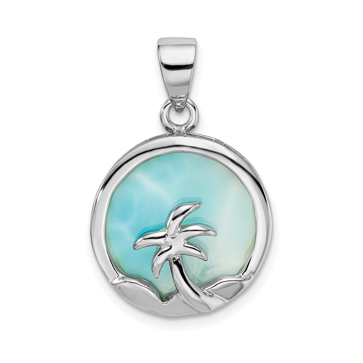 Sterling Silver Palm Tree Pendant with Larimar Inlay, Tropical Beach Scene Jewelry